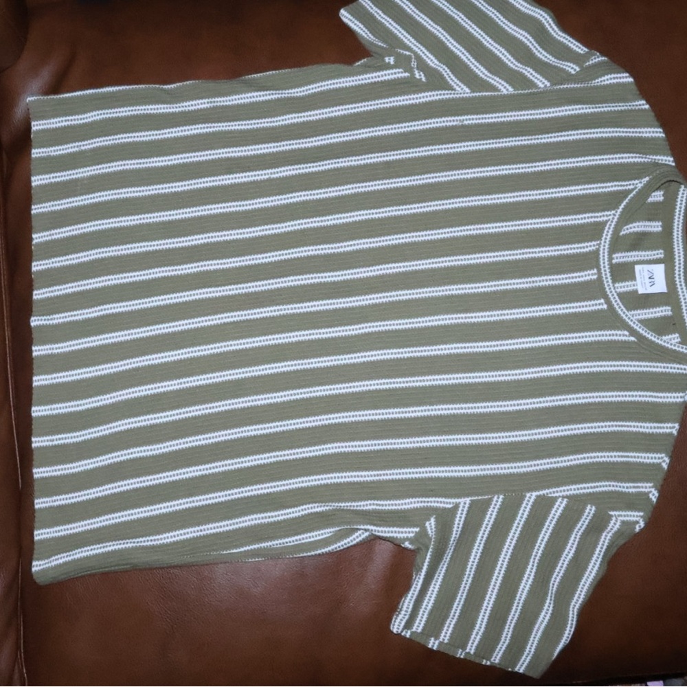 Zara Olive Green and White Striped Short Sleeve Tee